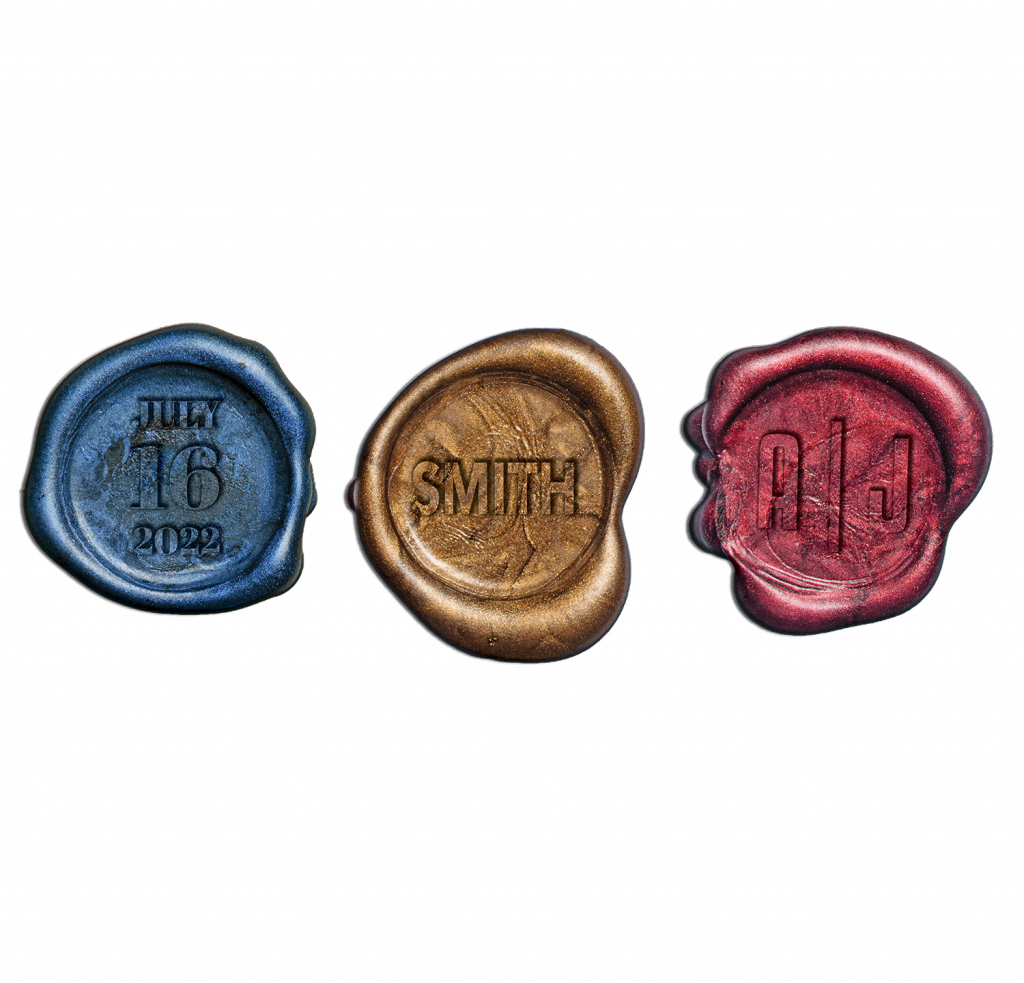 Get anything from your wedding date, to your last name, to your initials on your own custom wax seals. Contact us today to get more information on our wax seals.